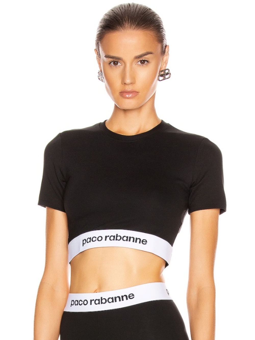 Paco Rabanne Black Cropped Tee with White Logo Band